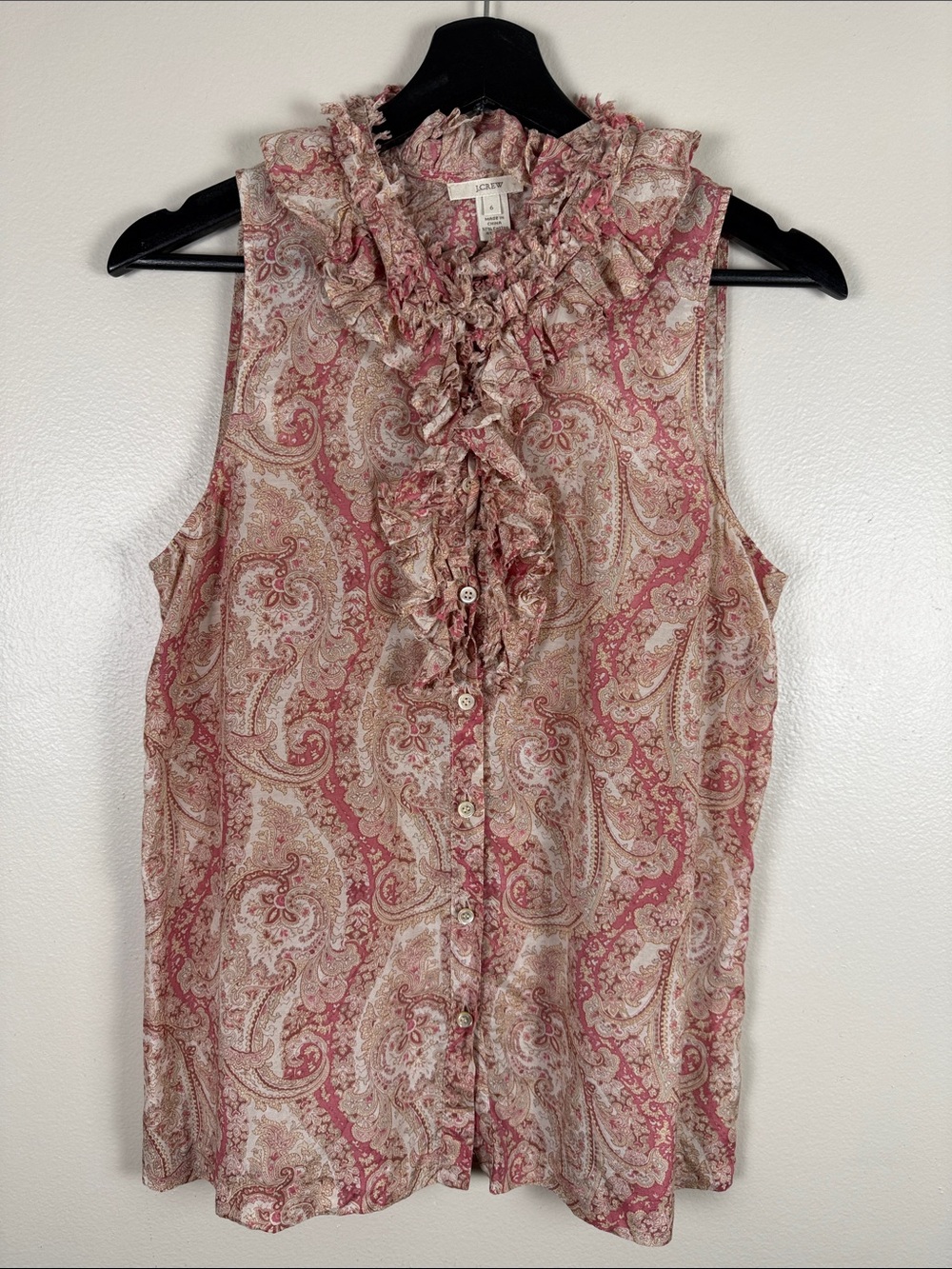 J. Crew Pink and Cream Paisley Ruffle Button-Front Silk Blouse. Size 6